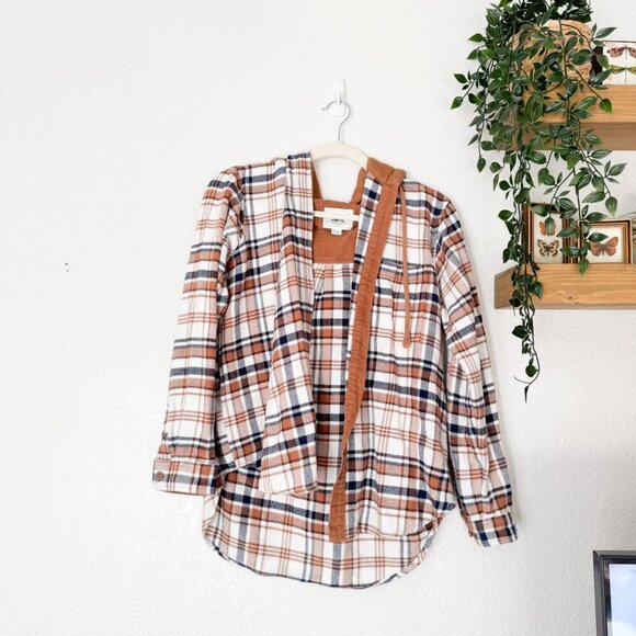 AMERICAN EAGLE Brown Flannel Hoodie Button Up XS Oversize - Picture 1 of 4
